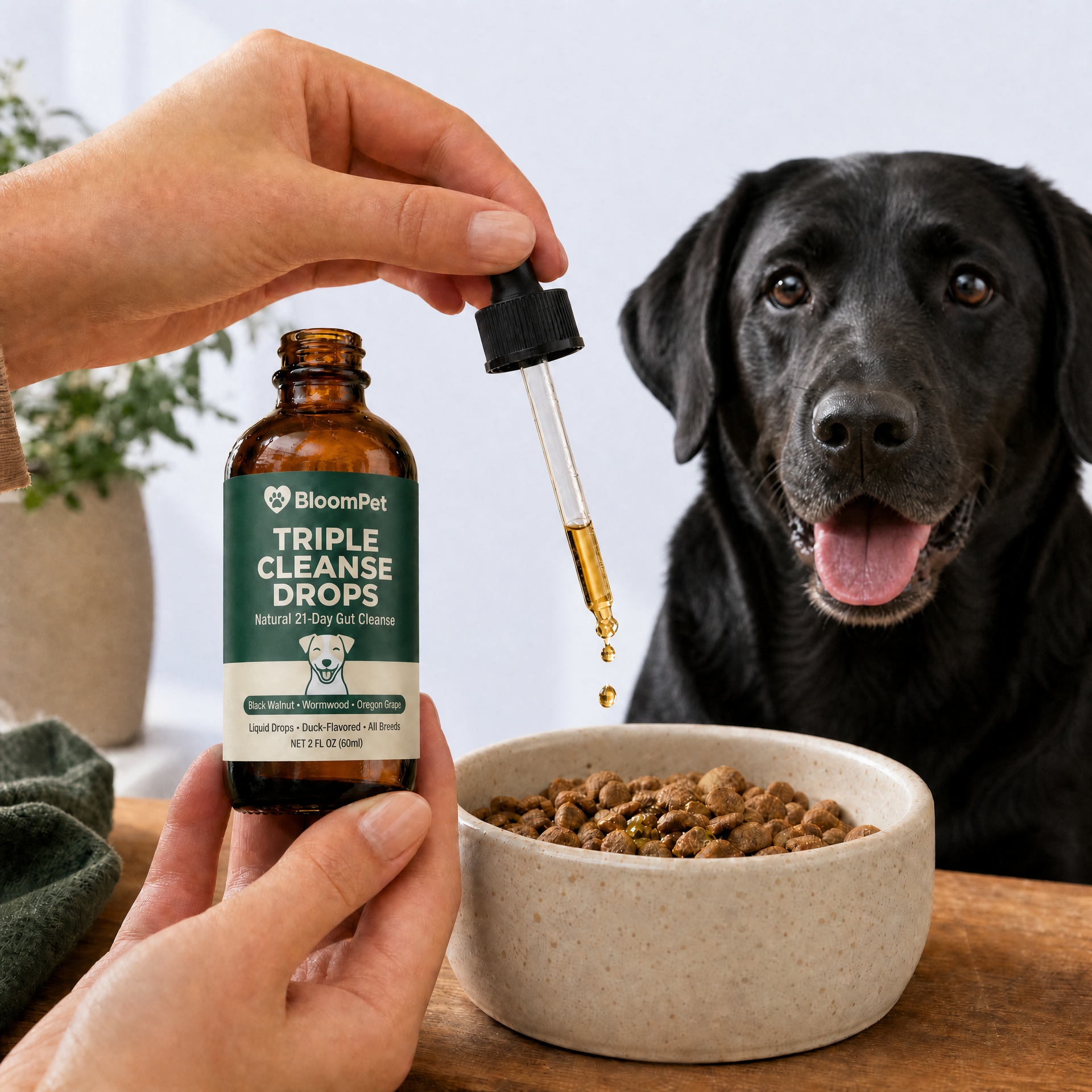 Adding Bloom Triple Cleanse drops to dog food